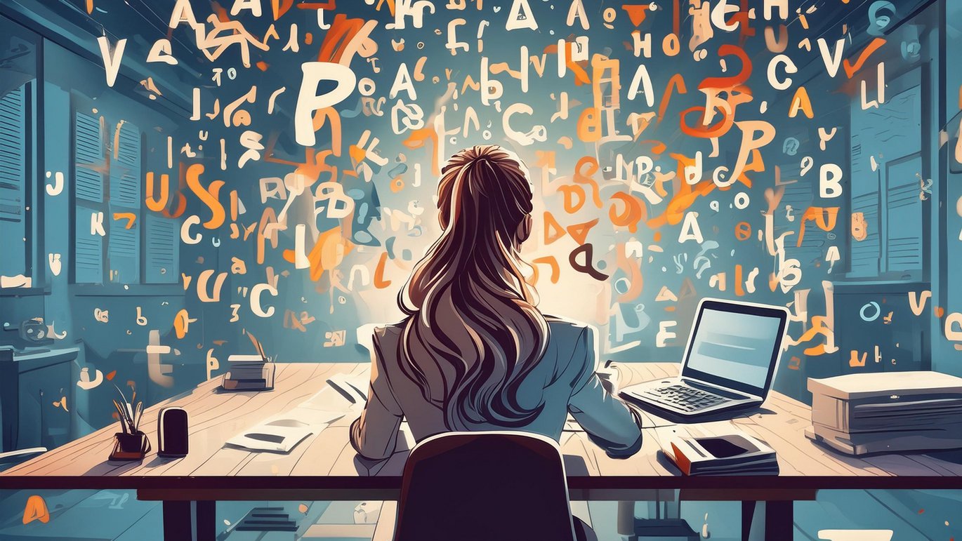 Illustration shows a woman from behind sitting at a desk, surrounded by flying letters.