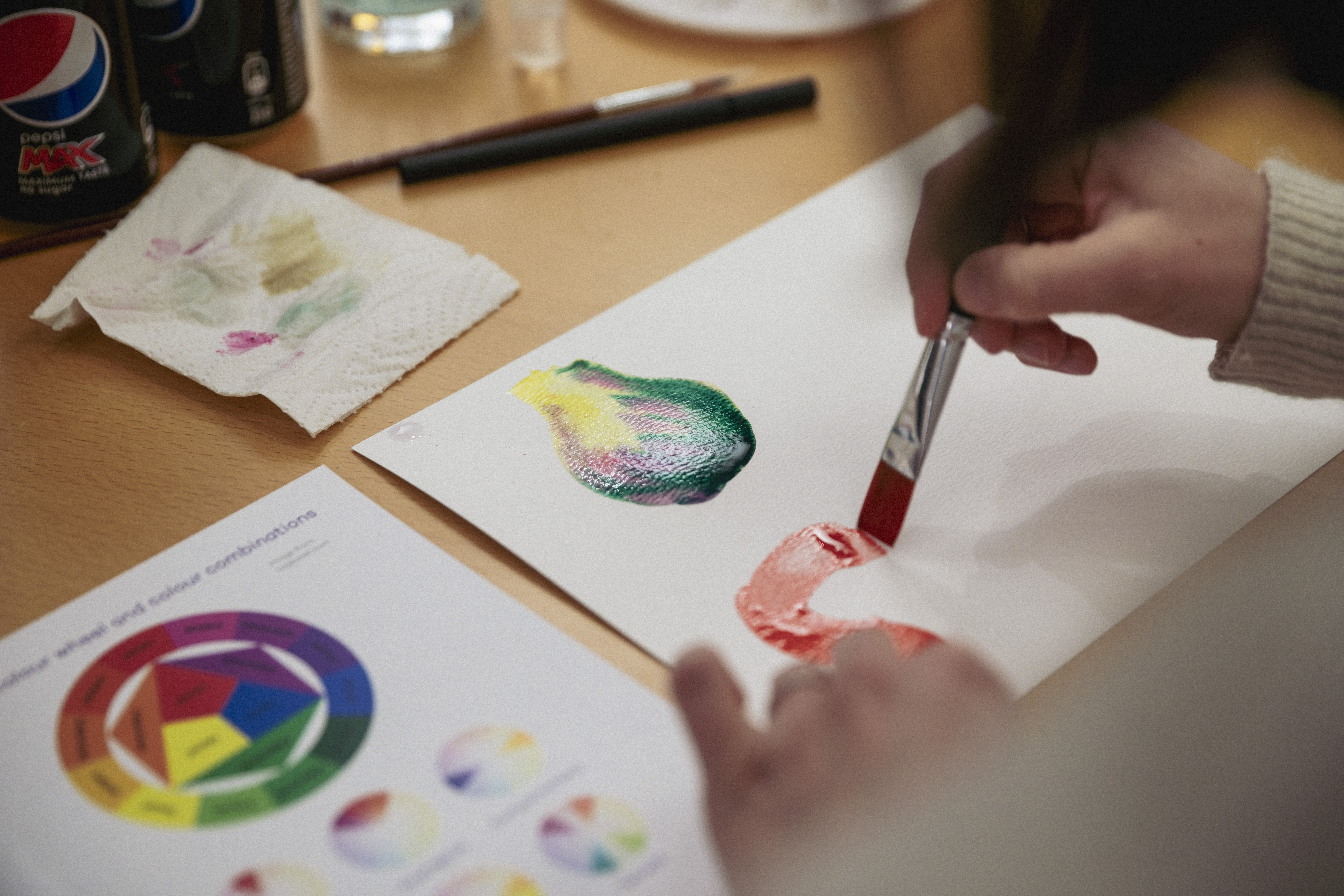 Showing someone painting with water colour, zooming in on the hands and paper.